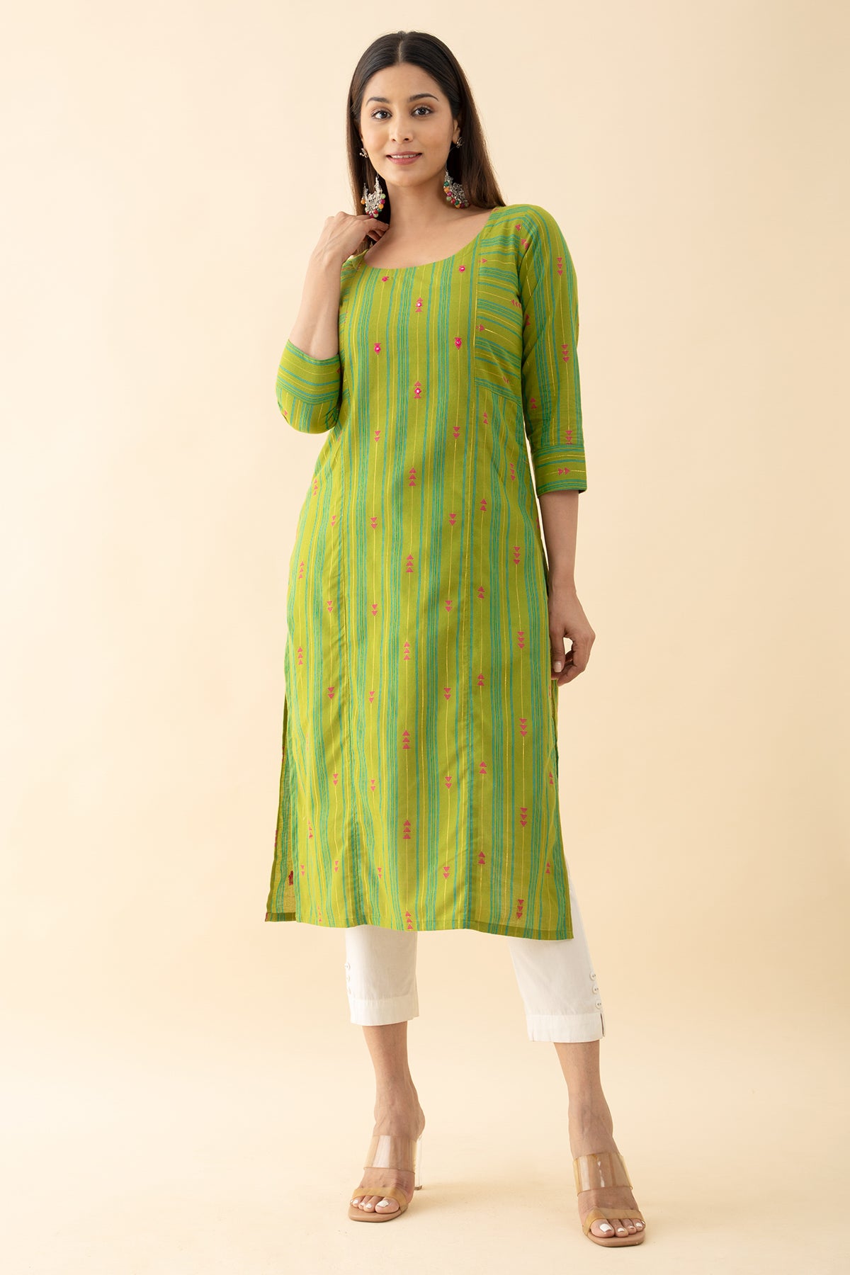 Cotton Dobby Embroidered Kurta - Green