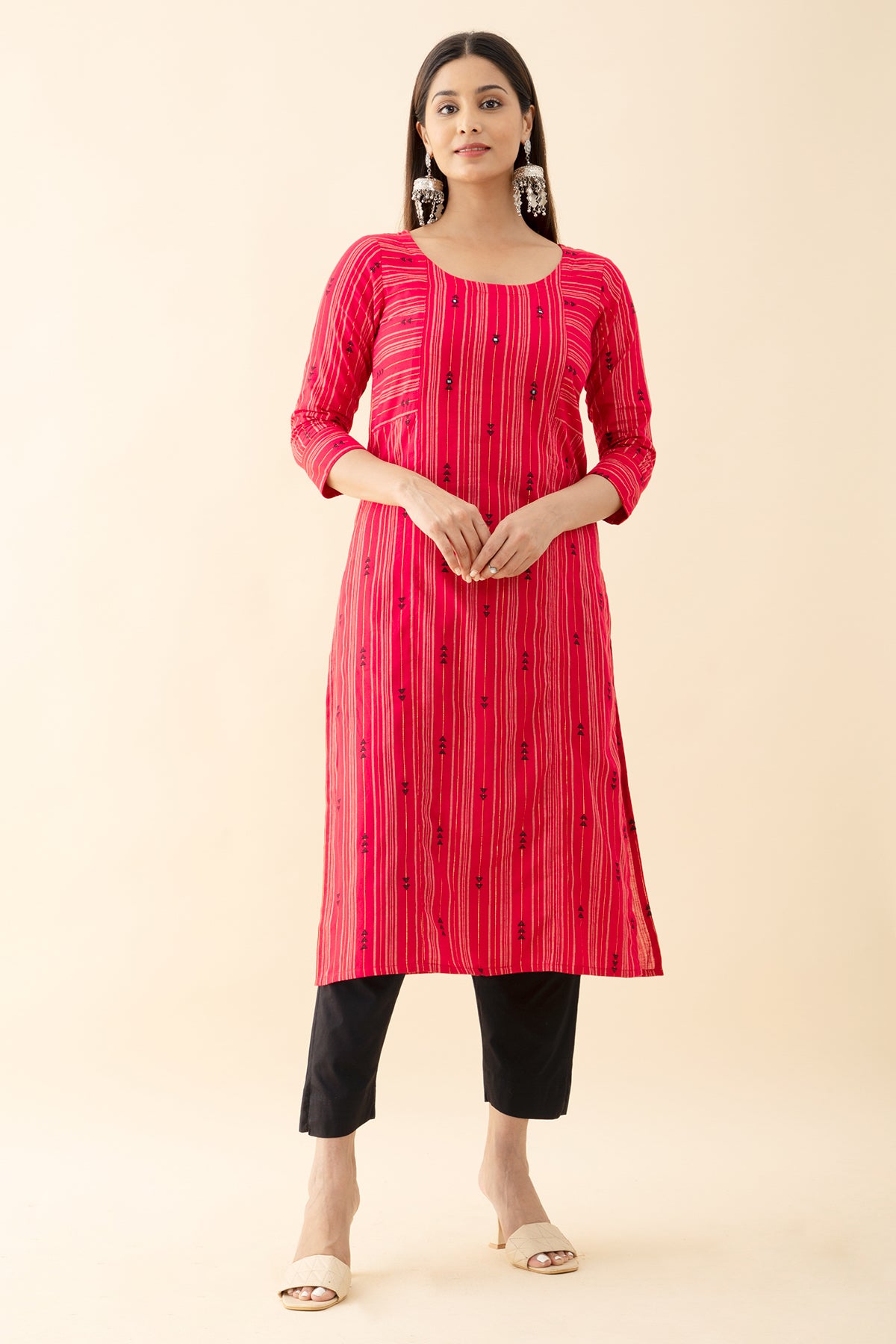 Cotton Dobby Embroidered Kurta - Red