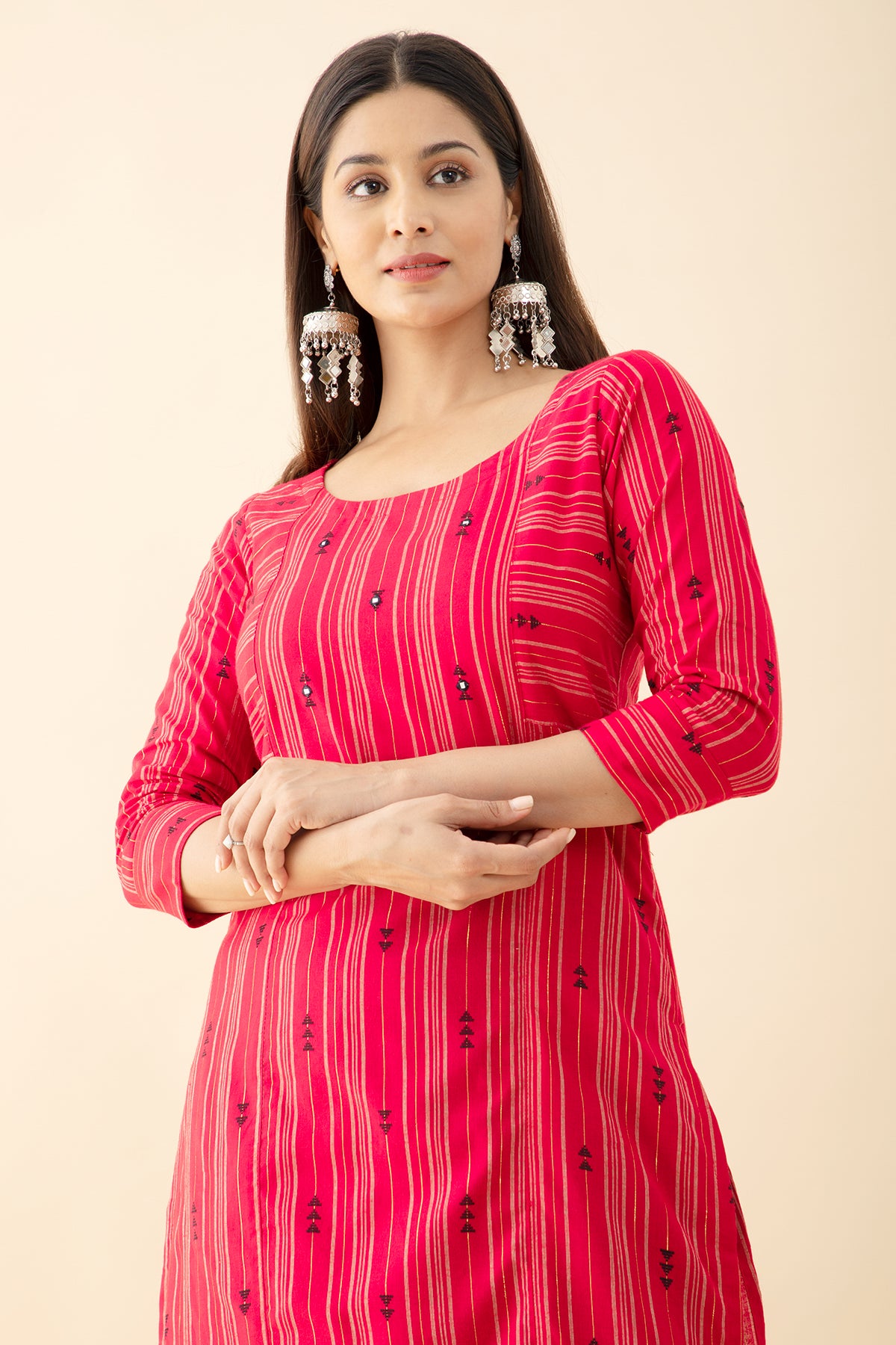 Cotton Dobby Embroidered Kurta - Red