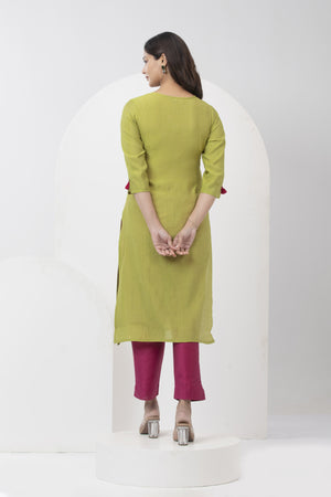 Floral Kurta with Embroidered Yoke & Tassel Sleeves - Green