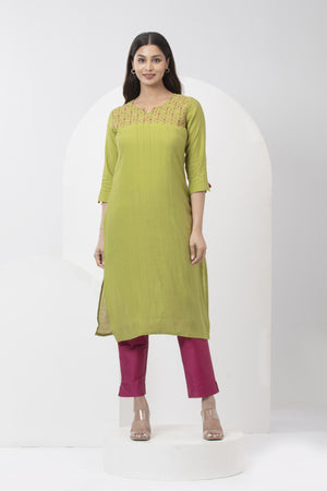 Floral Kurta with Embroidered Yoke & Tassel Sleeves - Green