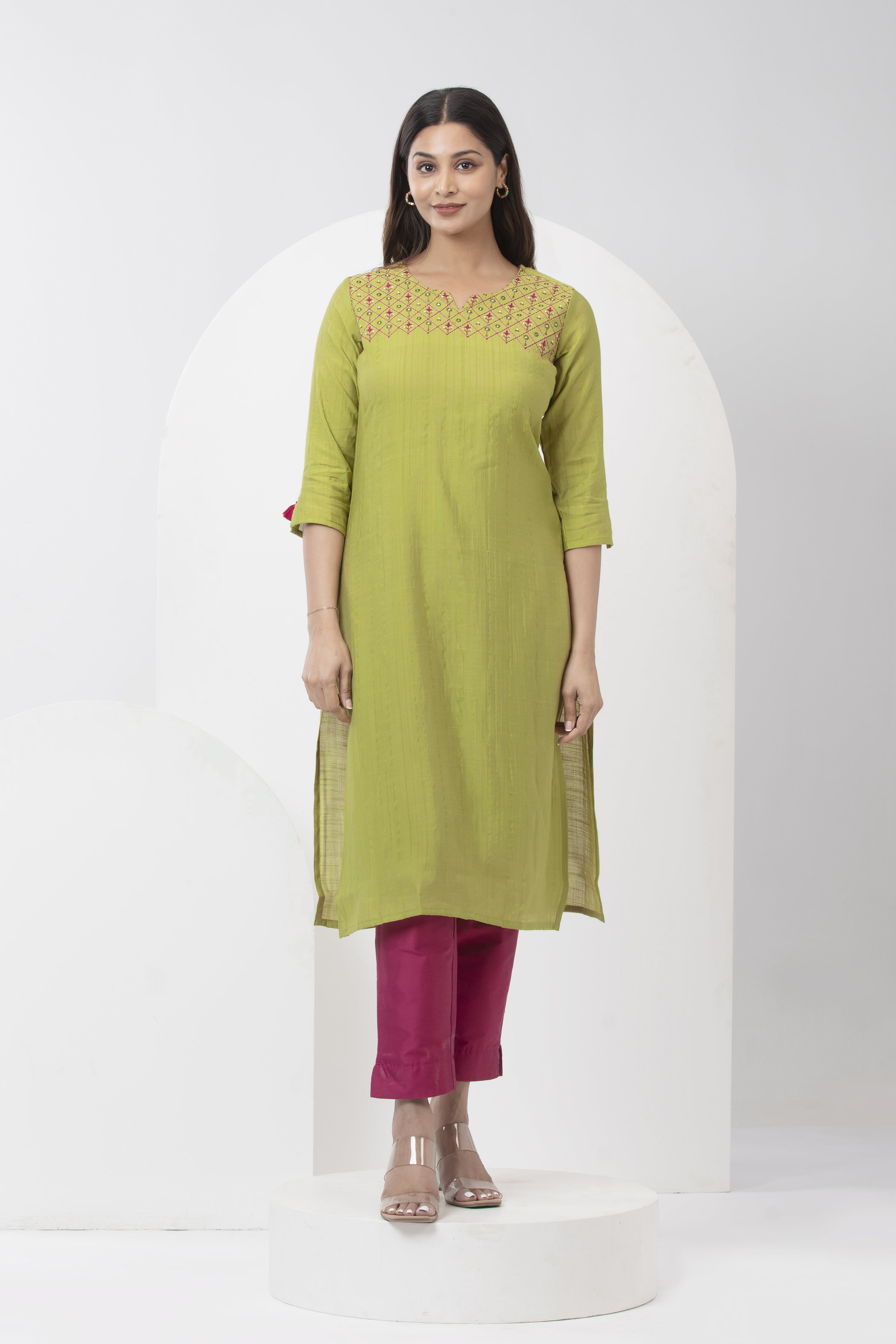 Floral Kurta with Embroidered Yoke & Tassel Sleeves - Green