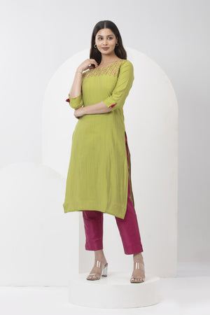 Floral Kurta with Embroidered Yoke & Tassel Sleeves - Green