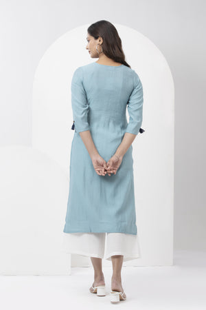 Kurta with Floral Embroidered Yoke & Tassel Sleeves - Light Blue