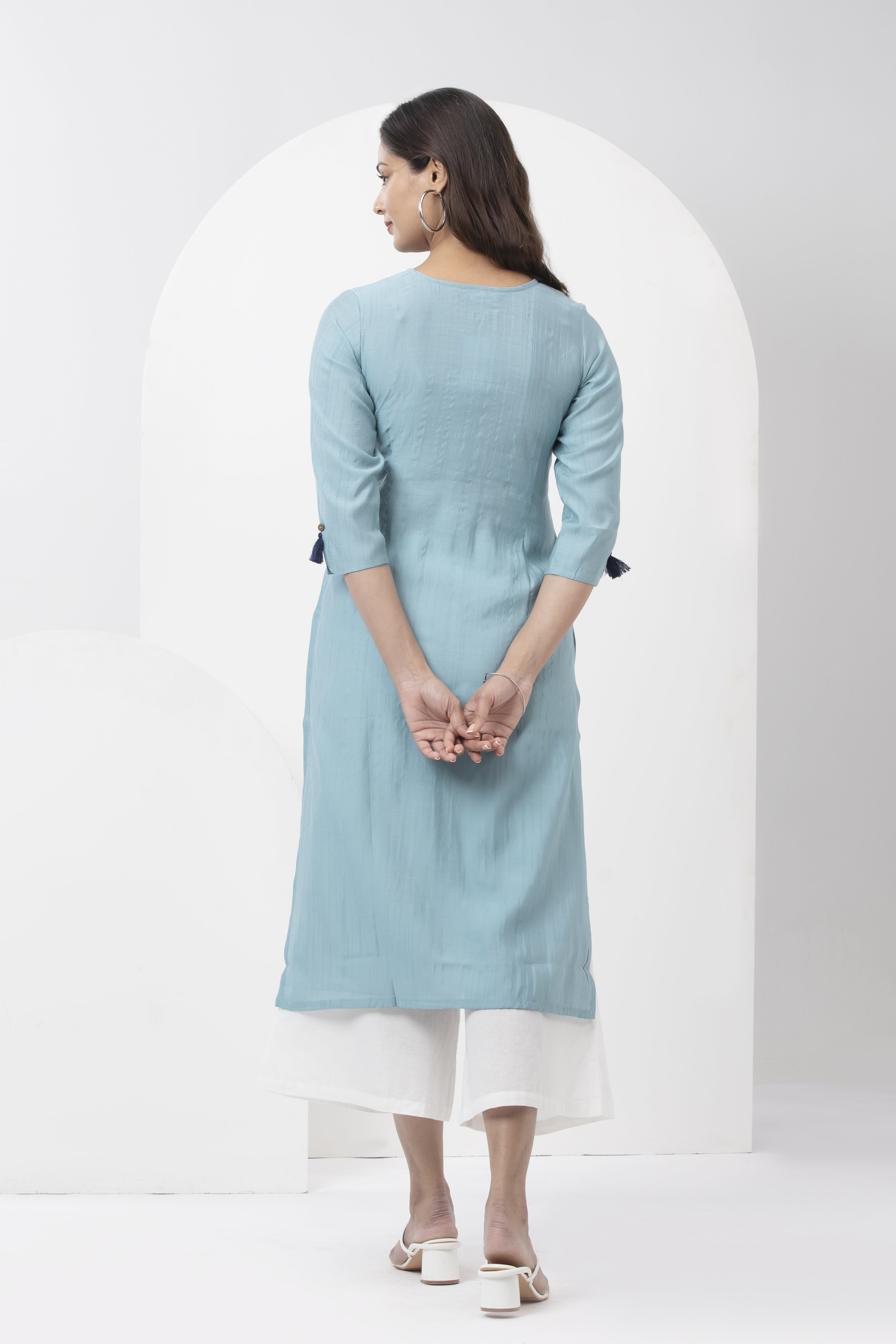 Kurta with Floral Embroidered Yoke & Tassel Sleeves - Light Blue