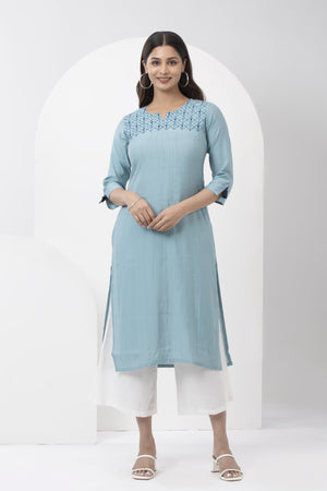 Kurta with Floral Embroidered Yoke & Tassel Sleeves - Light Blue