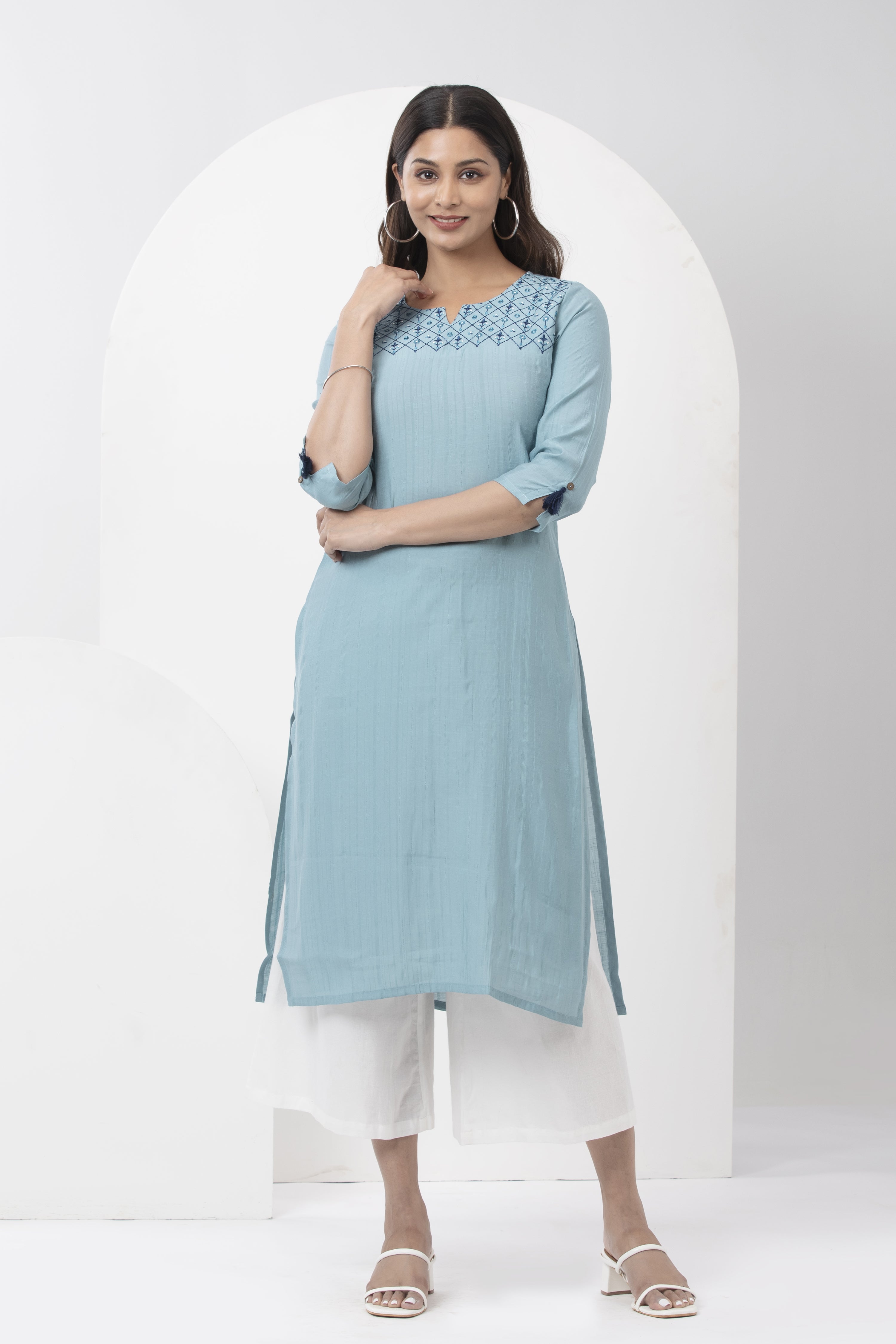 Kurta with Floral Embroidered Yoke & Tassel Sleeves - Light Blue