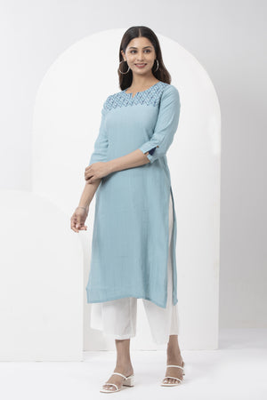 Kurta with Floral Embroidered Yoke & Tassel Sleeves - Light Blue