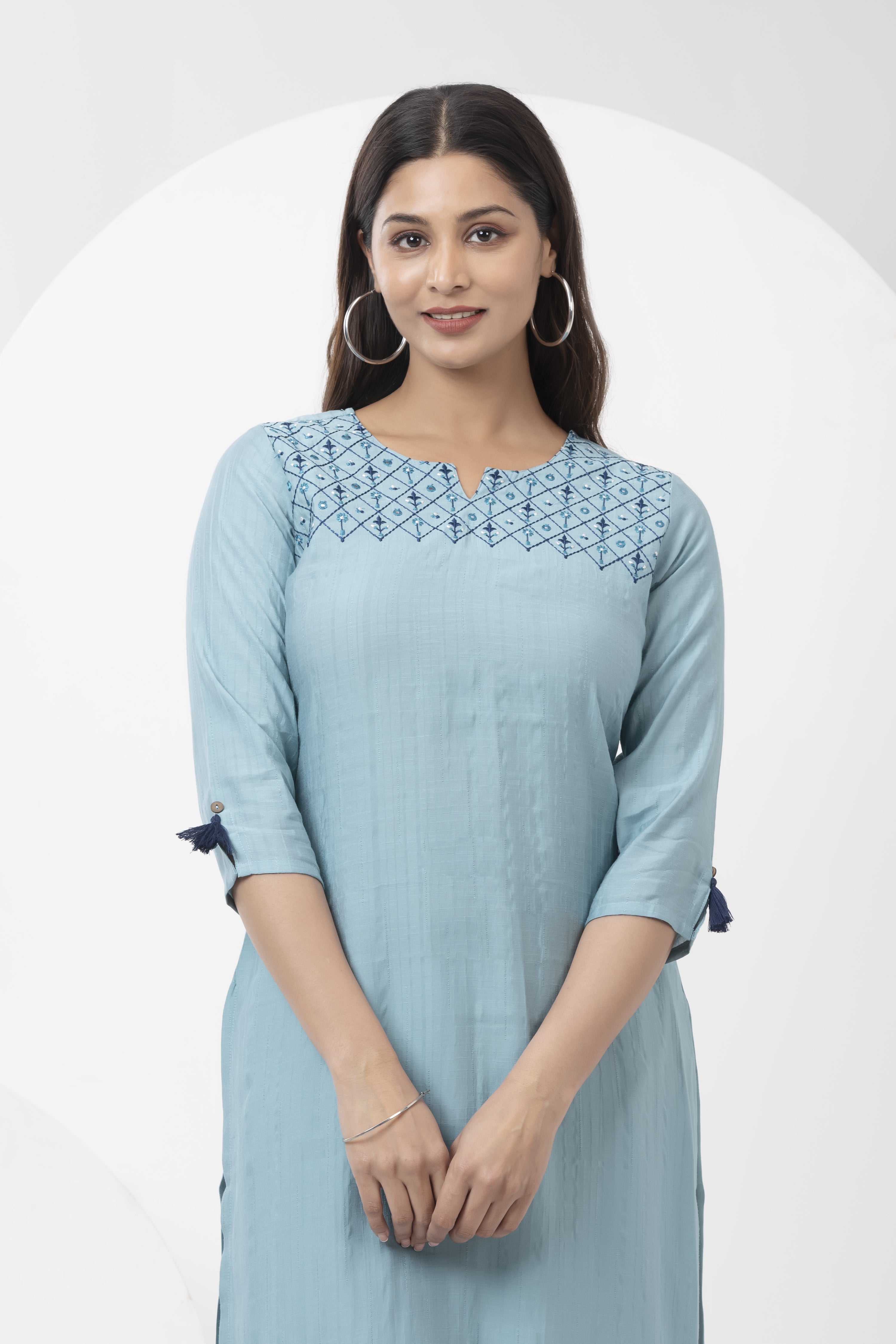 Kurta with Floral Embroidered Yoke & Tassel Sleeves - Light Blue