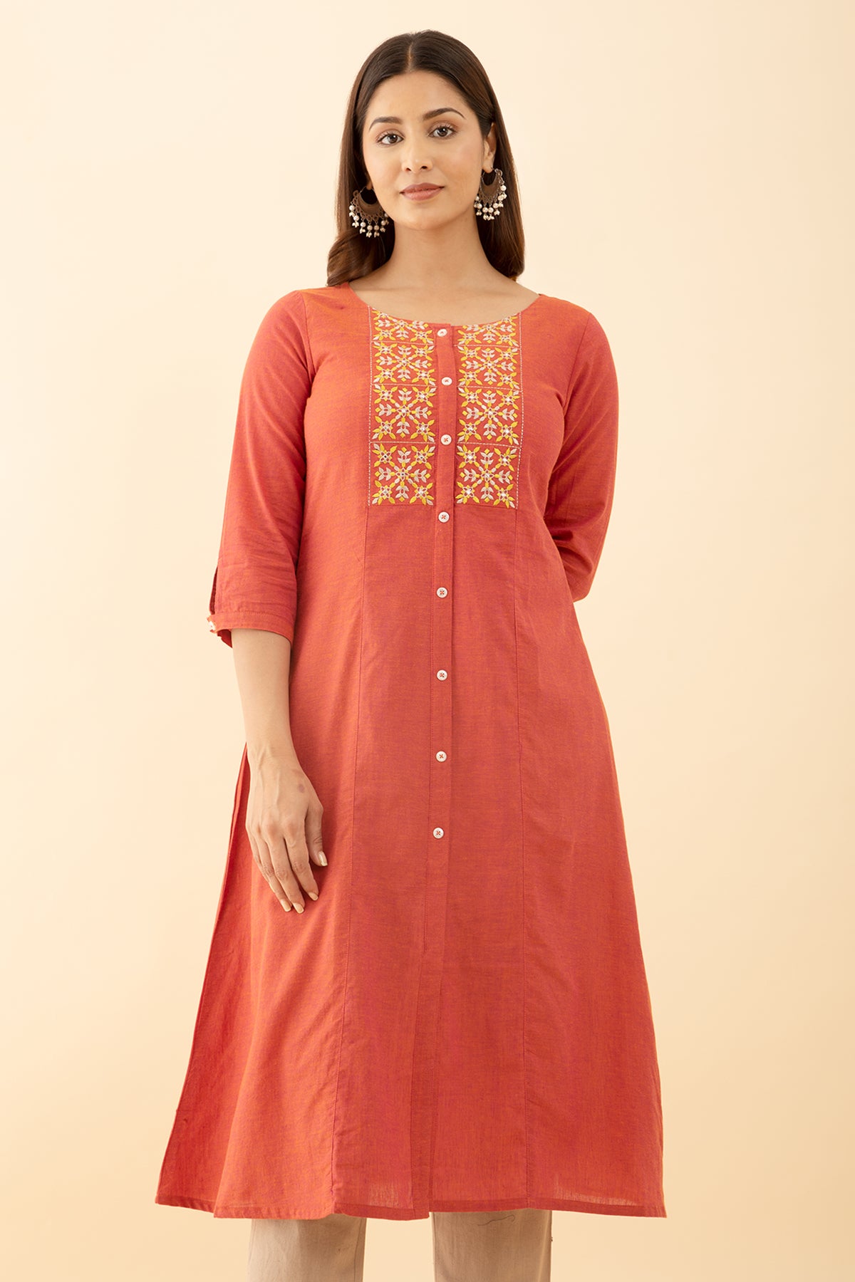 Orange Solid Kurta with Button Detailing Embroidery Stylish Wear