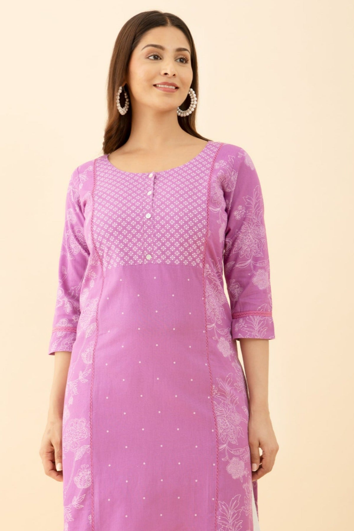 Floral Printed Kurta with Lace Embellishment Purple