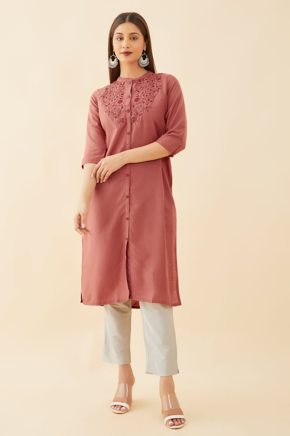 Floral Motif Embroidered Kurta Rust