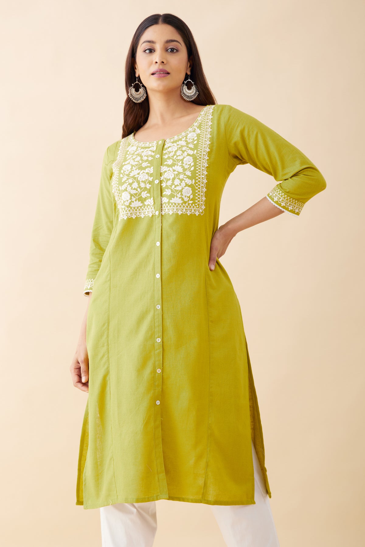 Floral Embroidered Kurta - Green