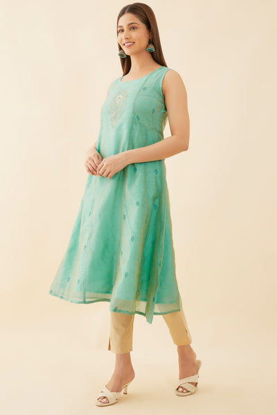 Peacock Feather Placement Embroidered Kurta - Blue