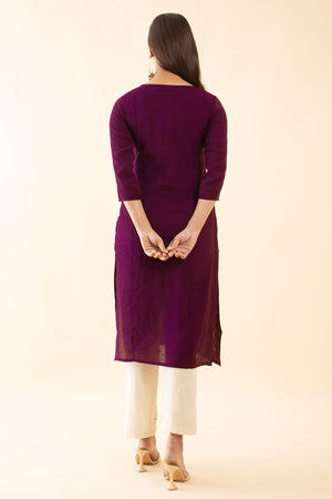 Textured Dobby Kurta with Floral Embroidery - Burgundy 