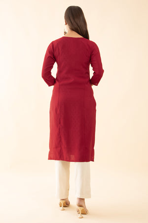 Textured Dobby Kurta with Floral Embroidery - Red