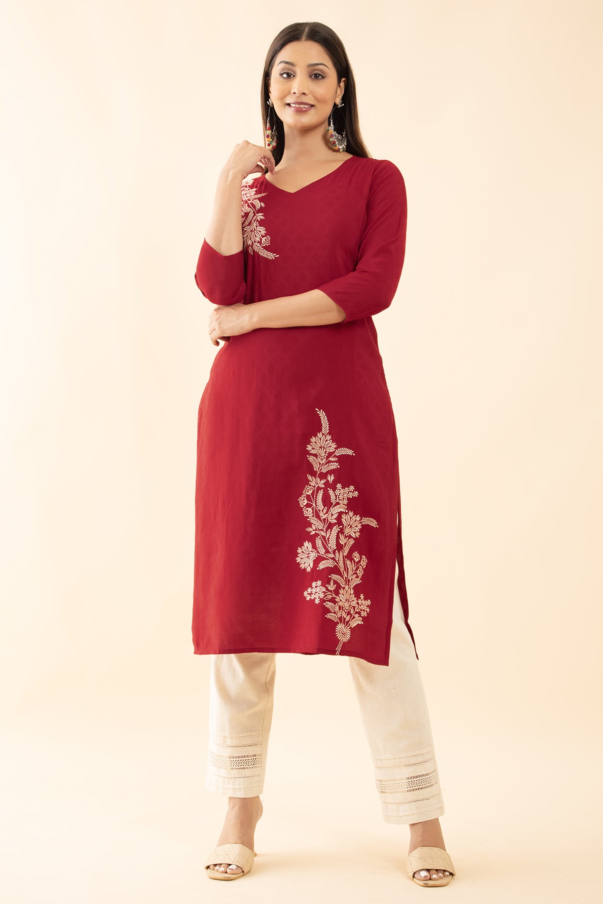 Textured Dobby Kurta with Floral Embroidery - Red