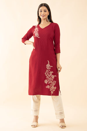 Textured Dobby Kurta with Floral Embroidery - Red