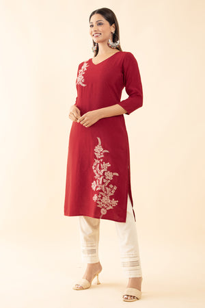 Textured Dobby Kurta with Floral Embroidery - Red