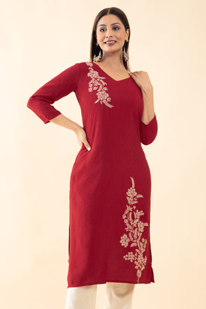 Textured Dobby Kurta with Floral Embroidery - Red