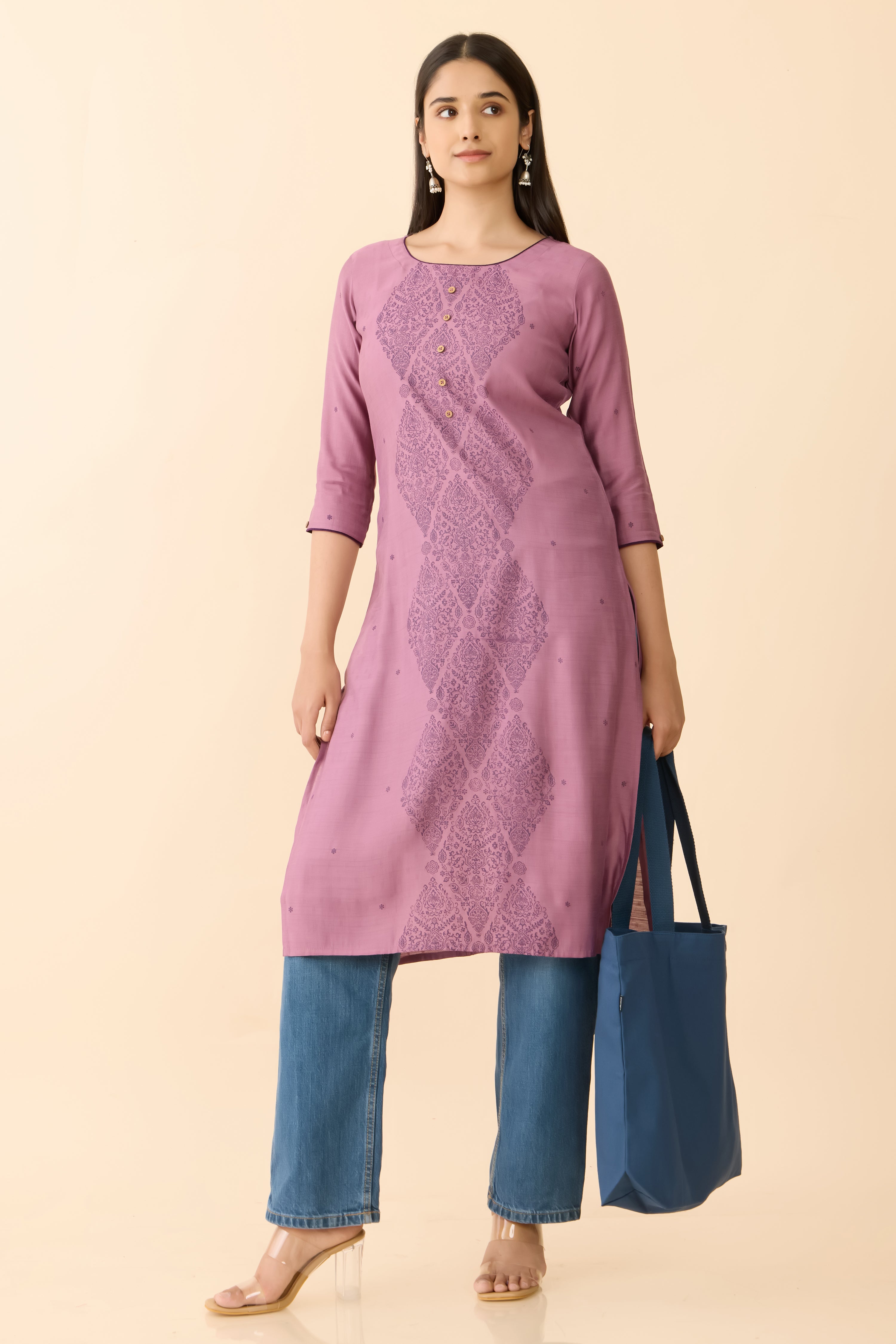 LAVENDER MUGHAL FLORAL PRINTED STRAIGHT CUT KURTA