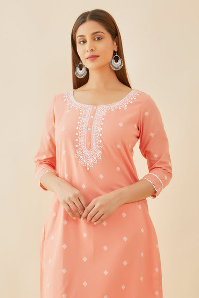 Foil Mirror Embellished With Geometric Embroidery & Dobby Weave Kurta - Peach