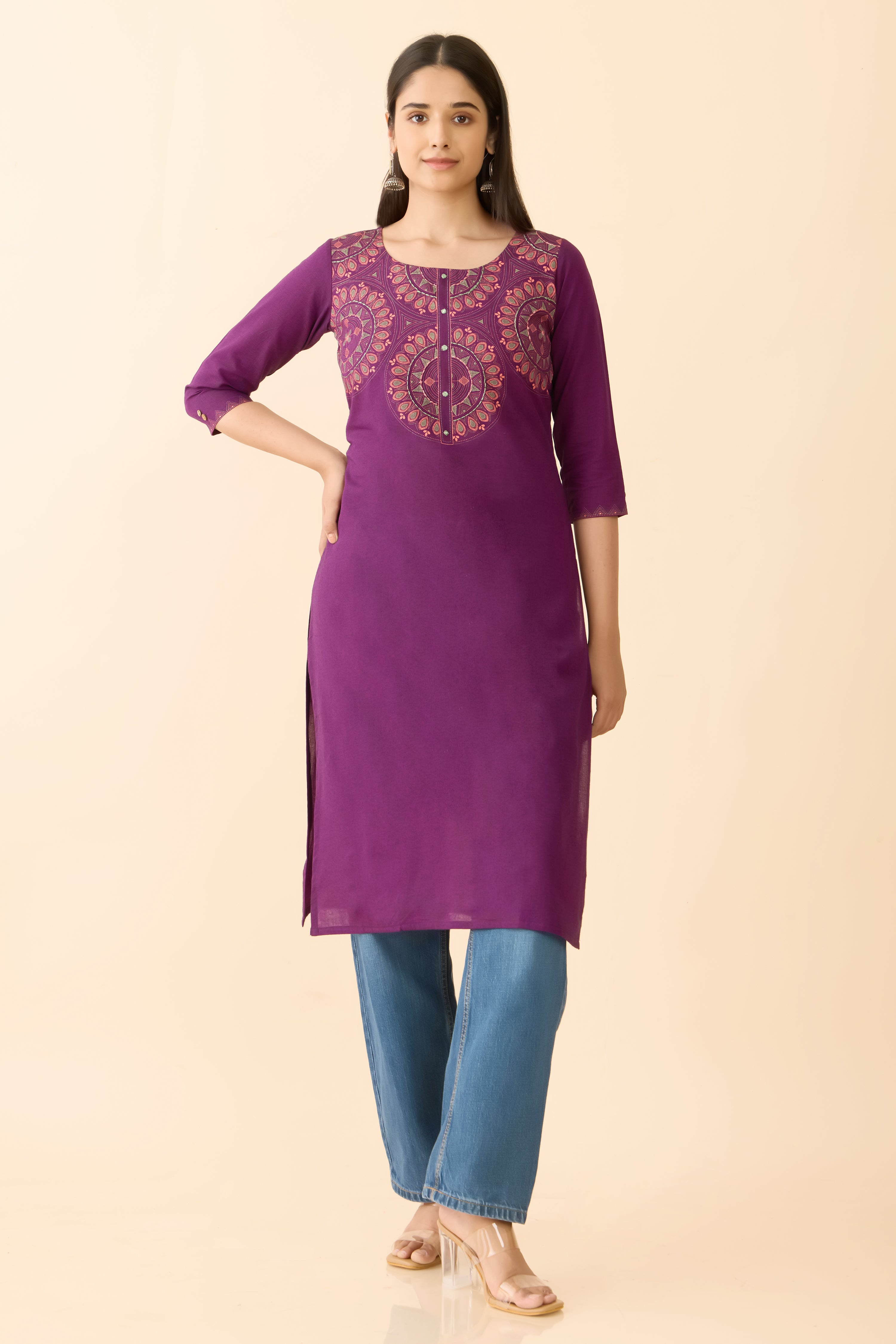 PURPLE MANDALA PRINTED STRAIGHT CUT KURTA