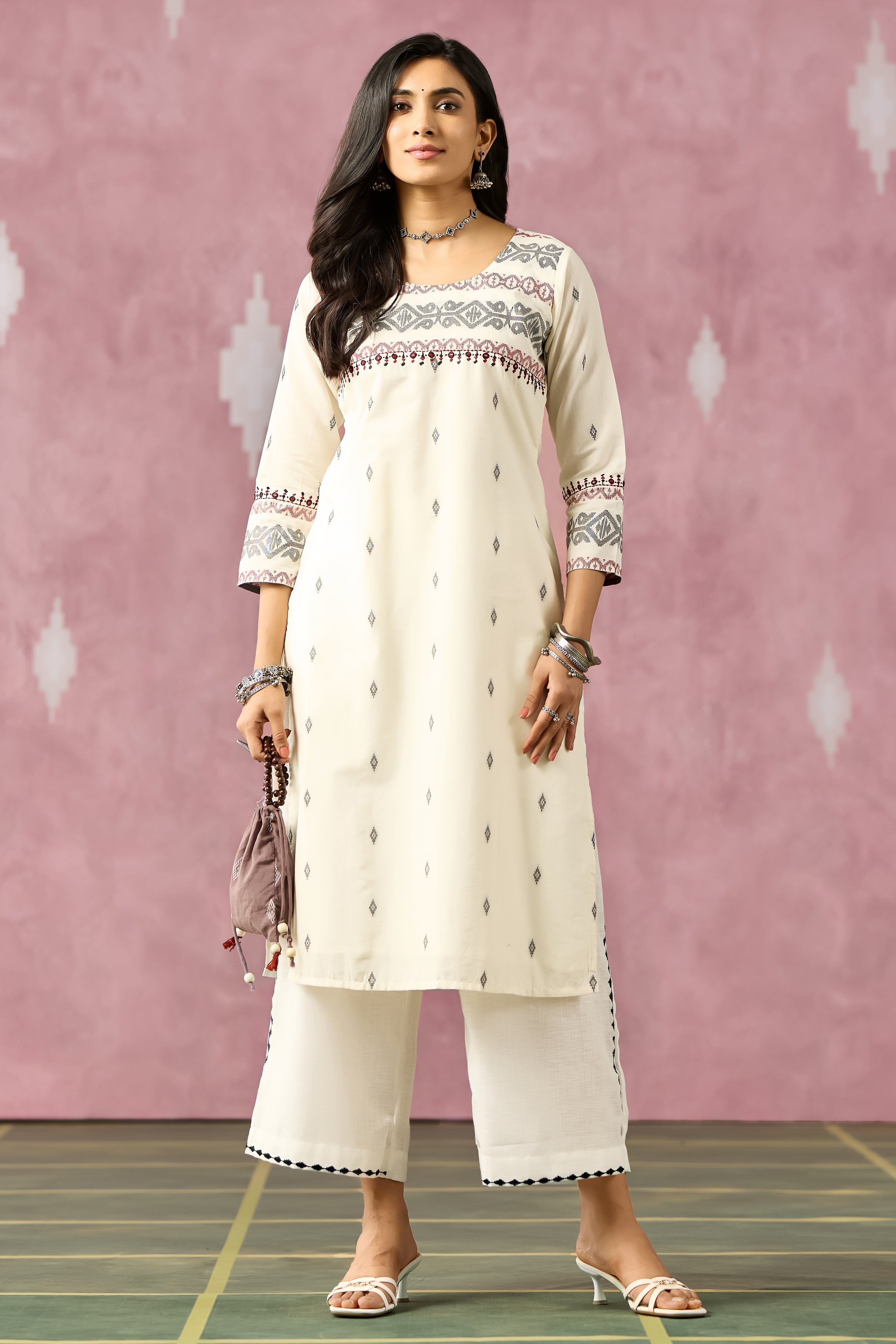 WHITE JAMDANI STRAIGHT CUT KURTA