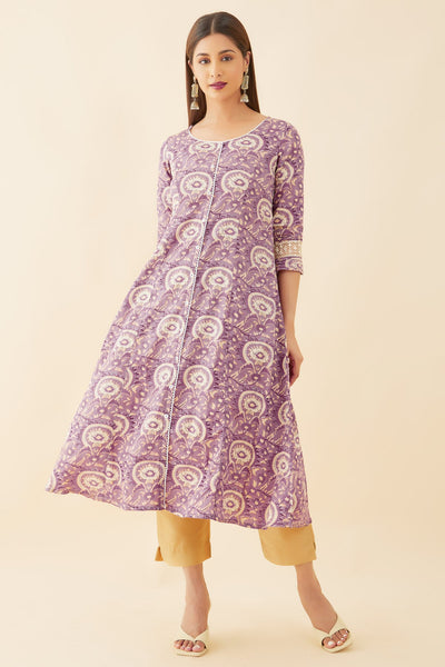 All Over Floral Print WIth Crochet Detail Kurta - Purple