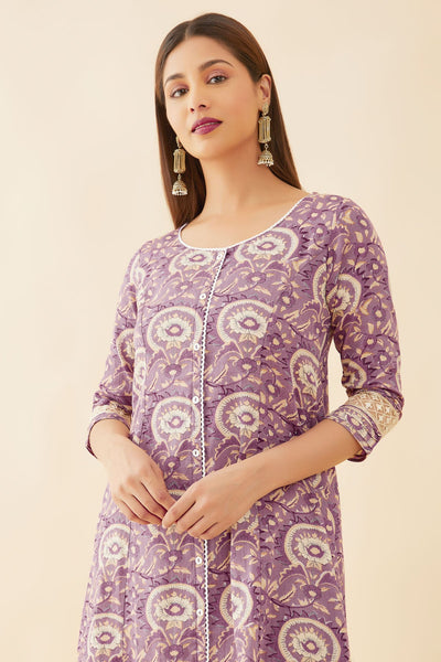 All Over Floral Print WIth Crochet Detail Kurta - Purple