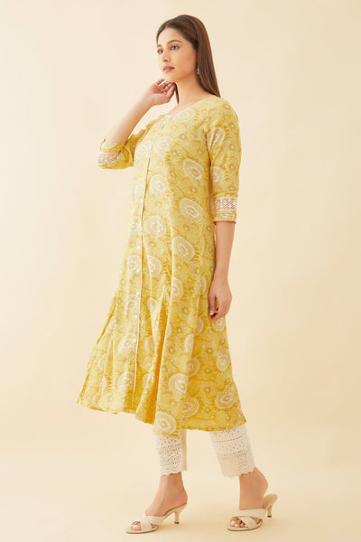 All Over Floral Print WIth Crochet Detail Kurta - Yellow