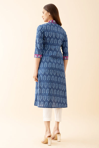 Indigo Printed Kurta with Embroidered & Lace Embellished Neckline - Blue