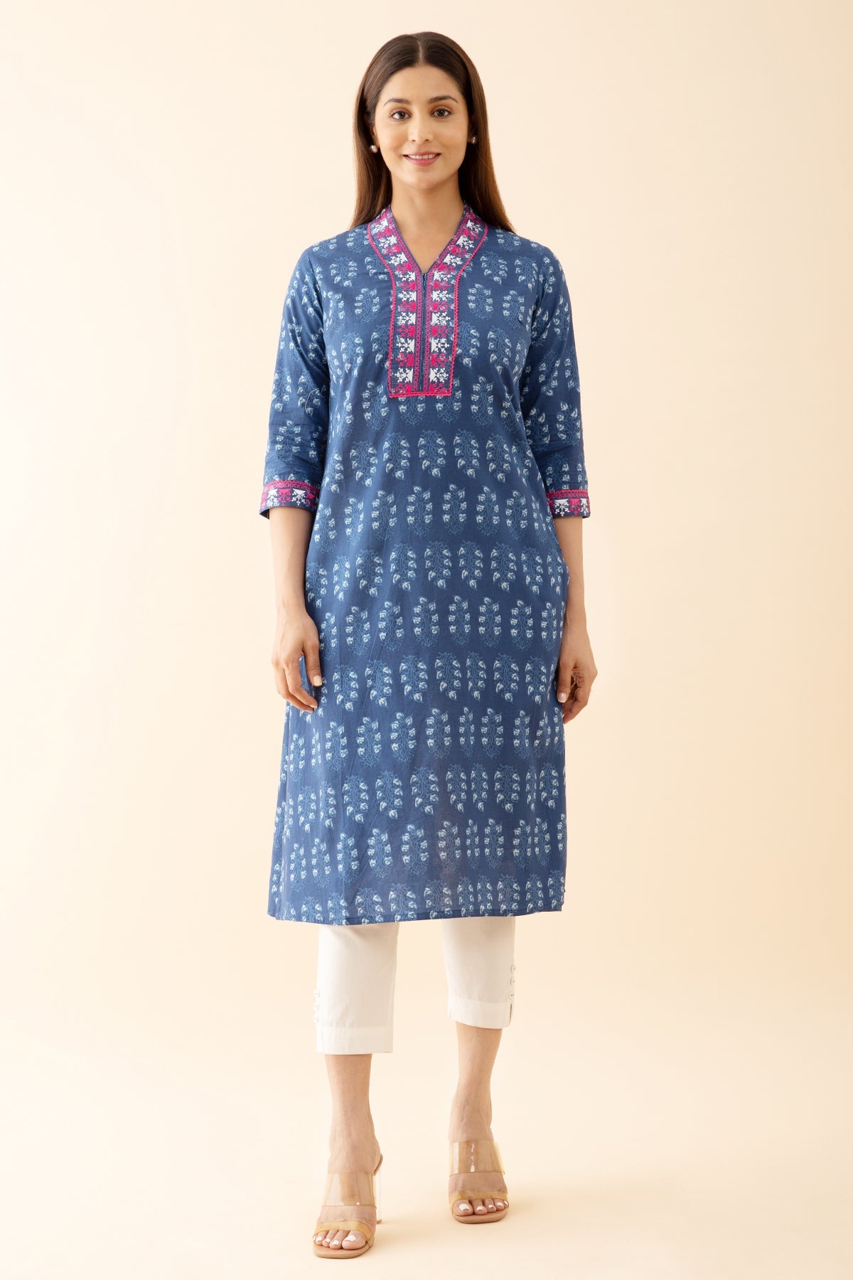 Indigo Printed Kurta with Embroidered & Lace Embellished Neckline - Blue