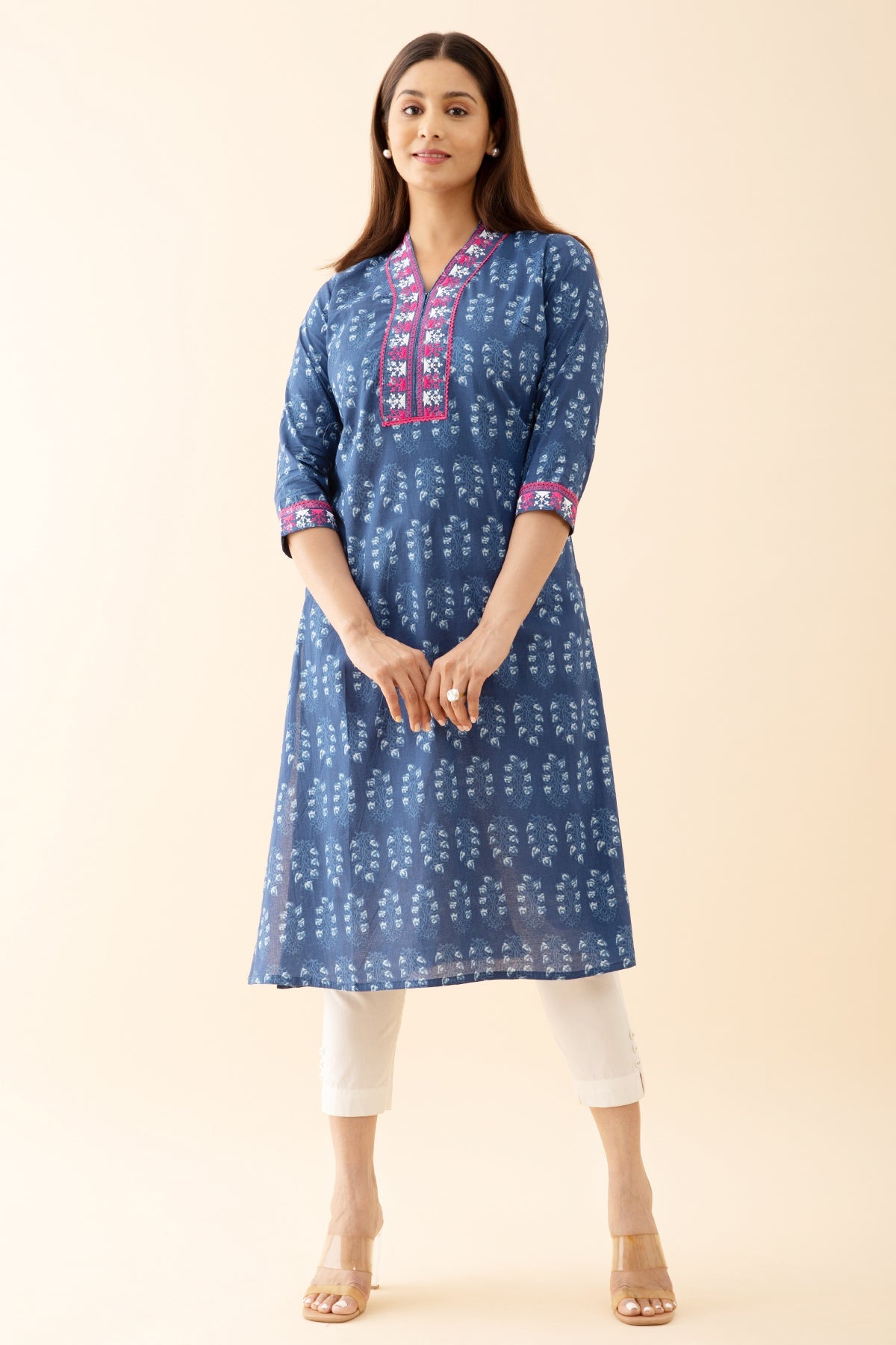 Indigo Printed Kurta with Embroidered Lace Embellished Neckline Blue