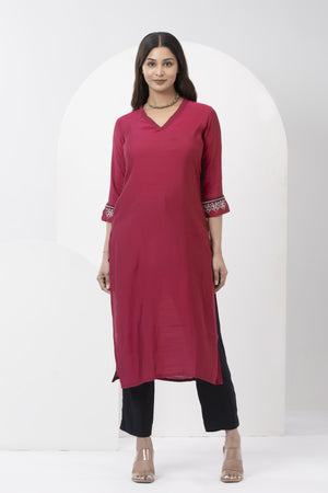 Kurta with Contrast Embroidered Sleeves - Pink