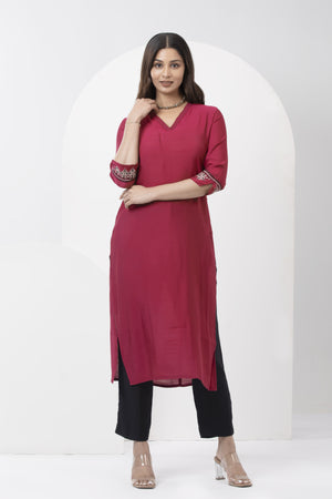 Kurta with Contrast Embroidered Sleeves - Pink