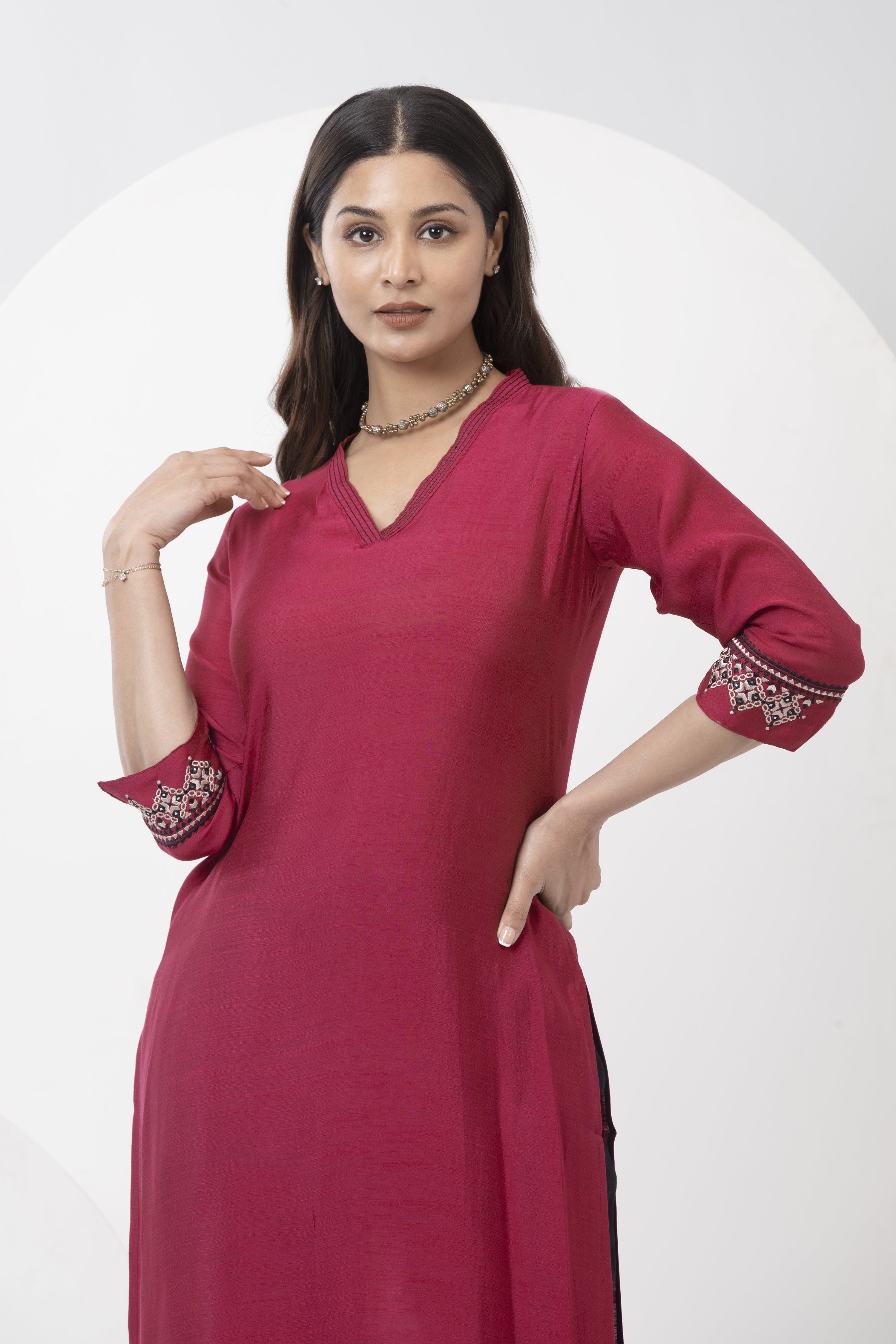 Kurta with Contrast Embroidered Sleeves - Pink