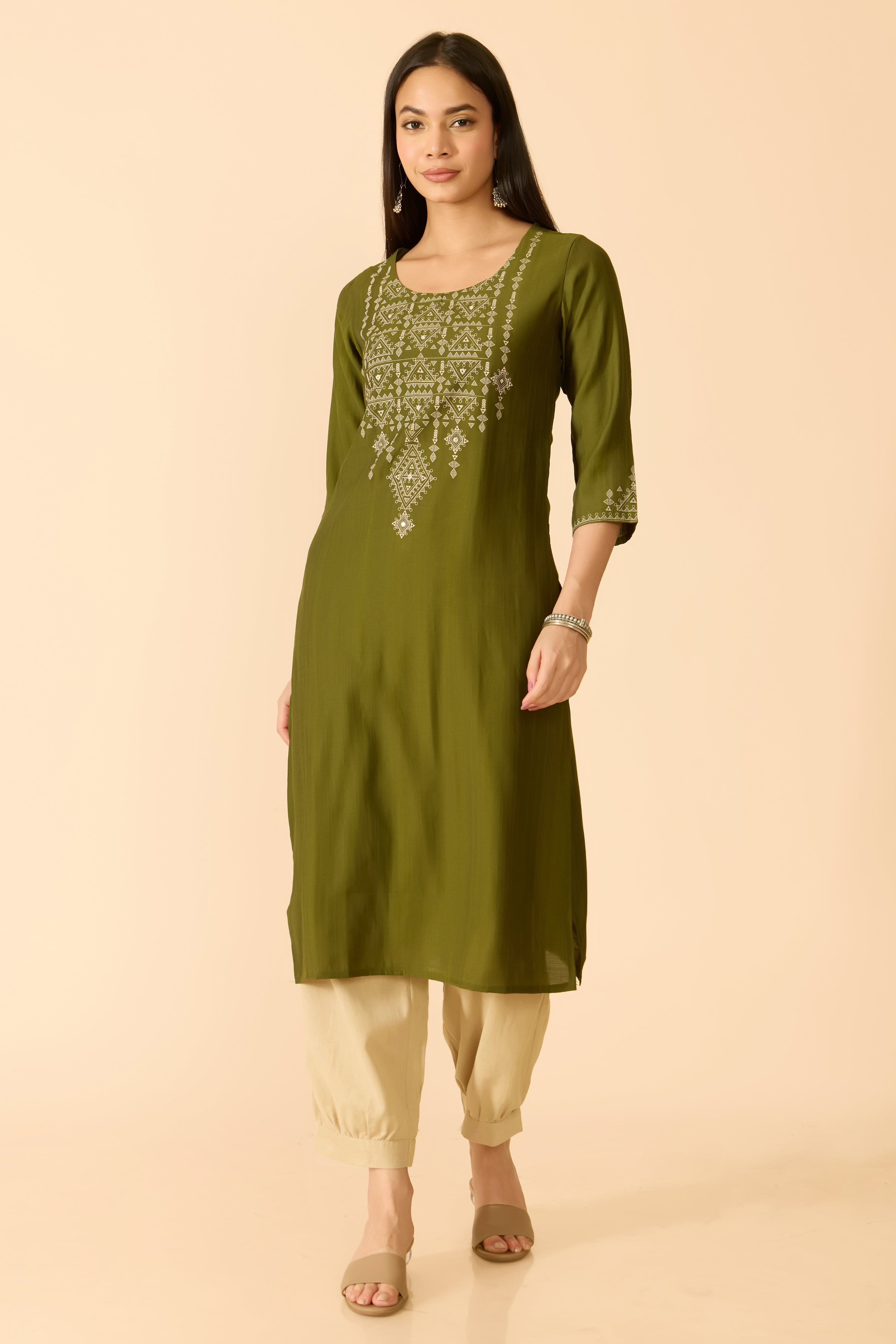 GREEN GEOMETRIC PRINTED COTTON KURTA