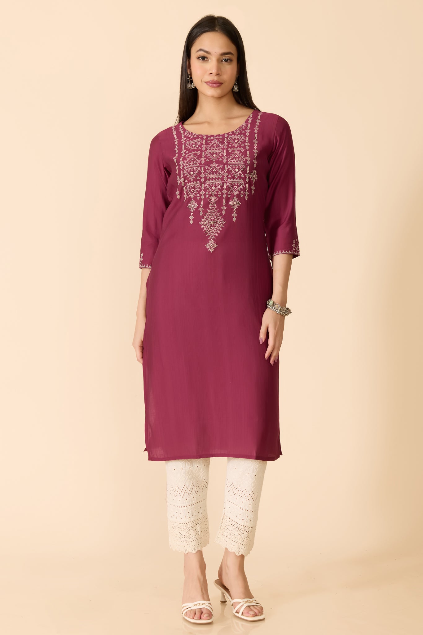 MAGENTA GEOMETRIC PRINTED COTTON KURTA