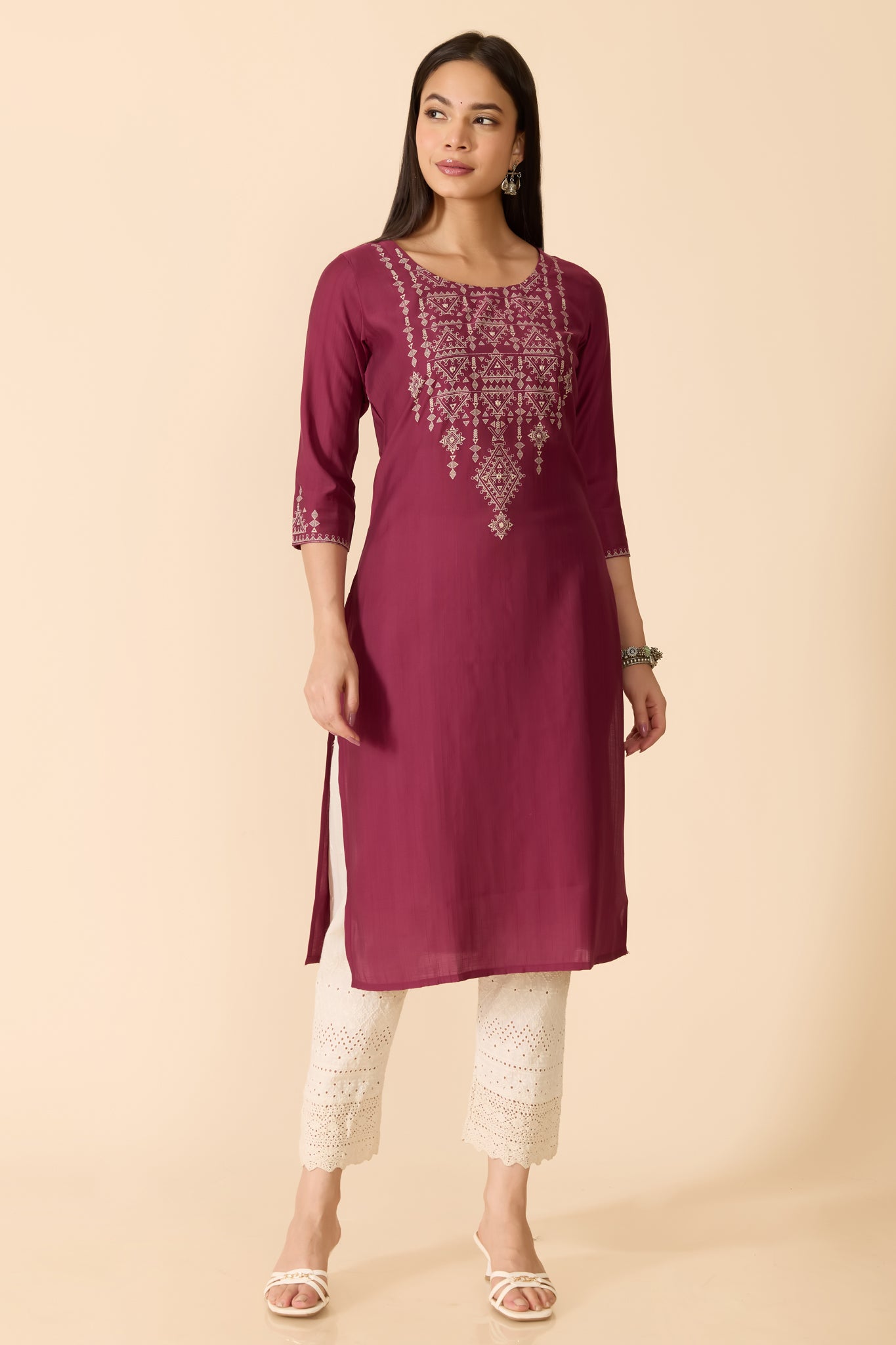 MAGENTA GEOMETRIC PRINTED COTTON KURTA