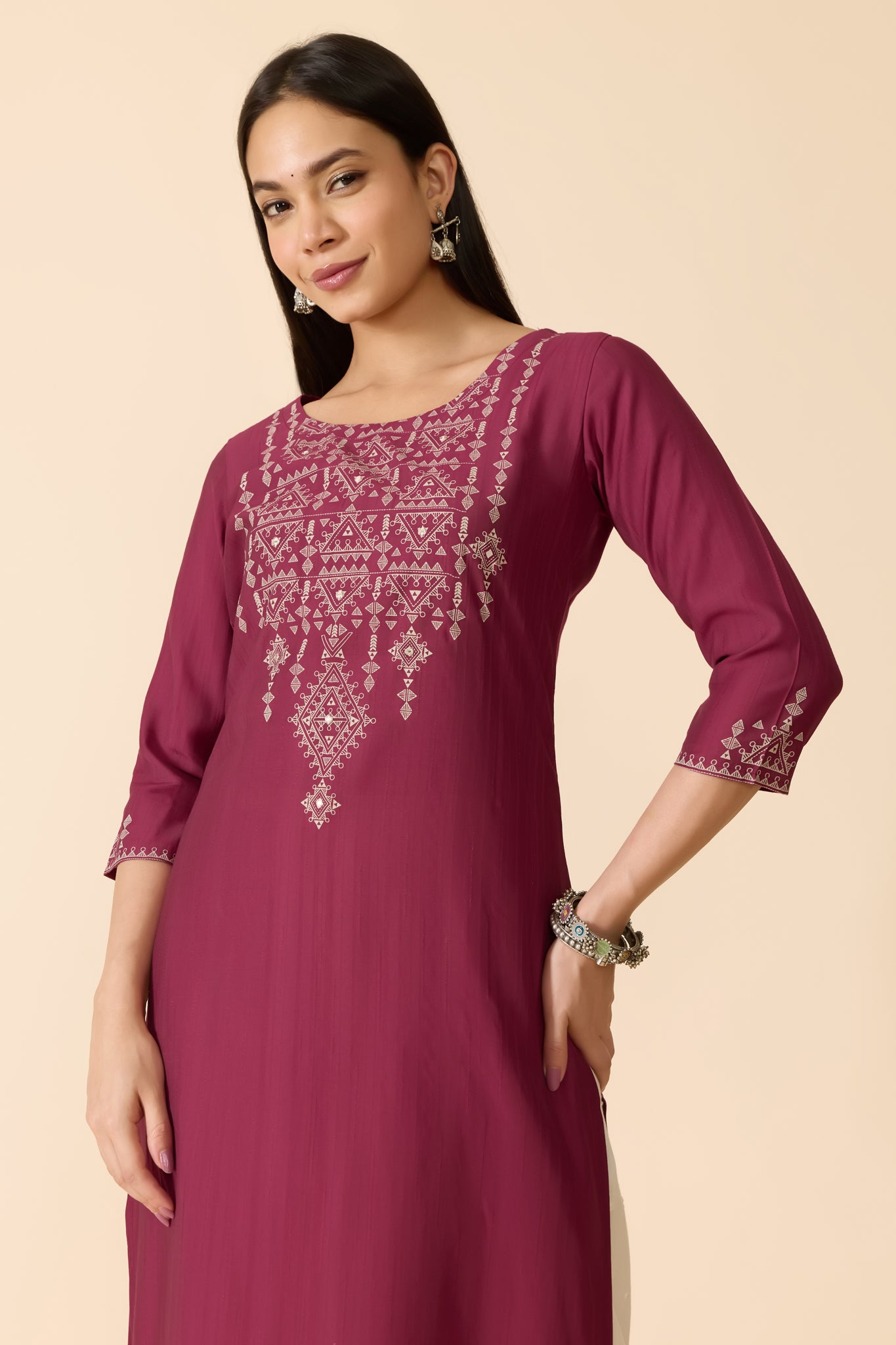 MAGENTA GEOMETRIC PRINTED COTTON KURTA