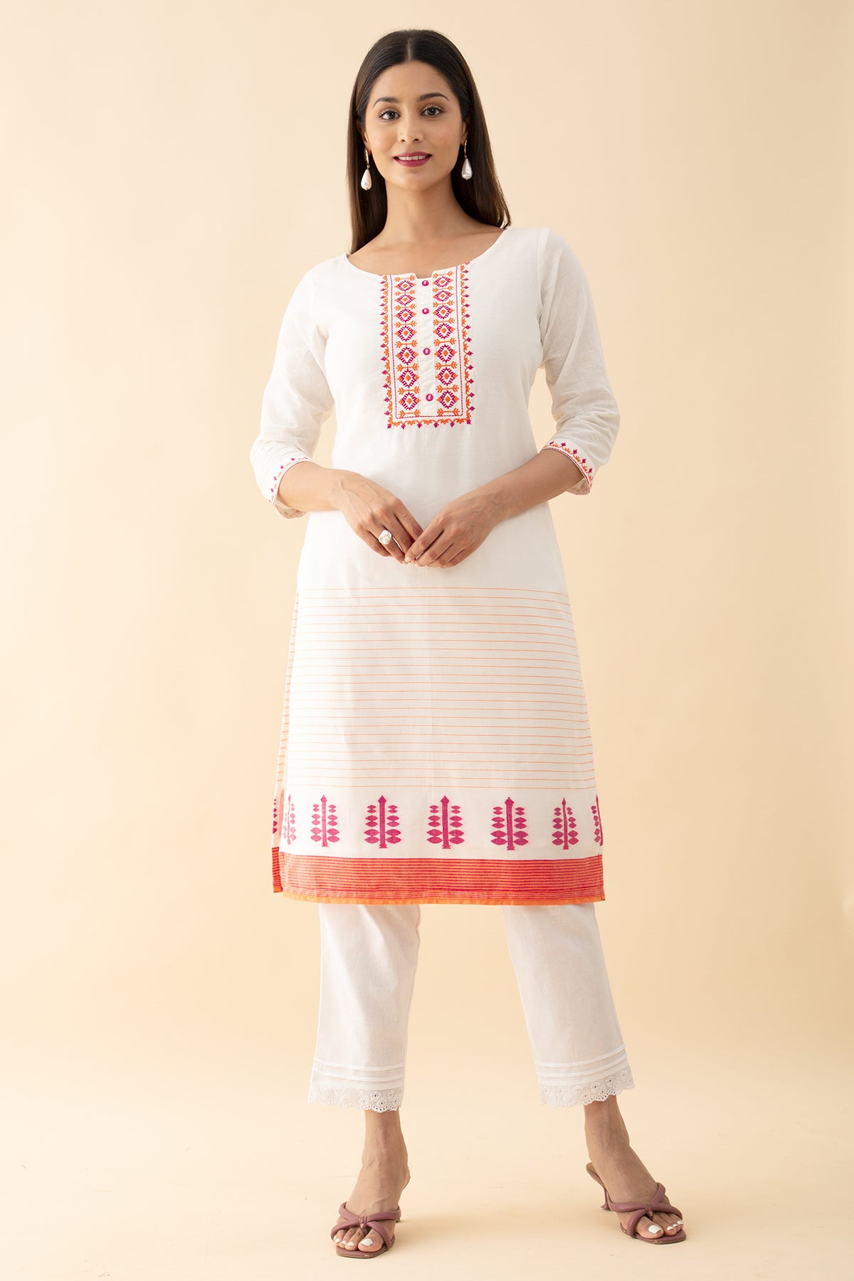 Cotton Dobby Embroidered Kurta - Pink