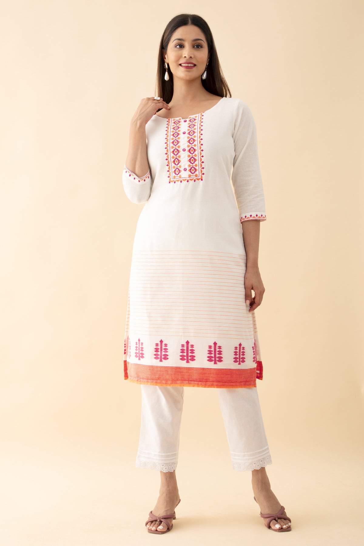 Cotton Dobby Embroidered Kurta - Pink