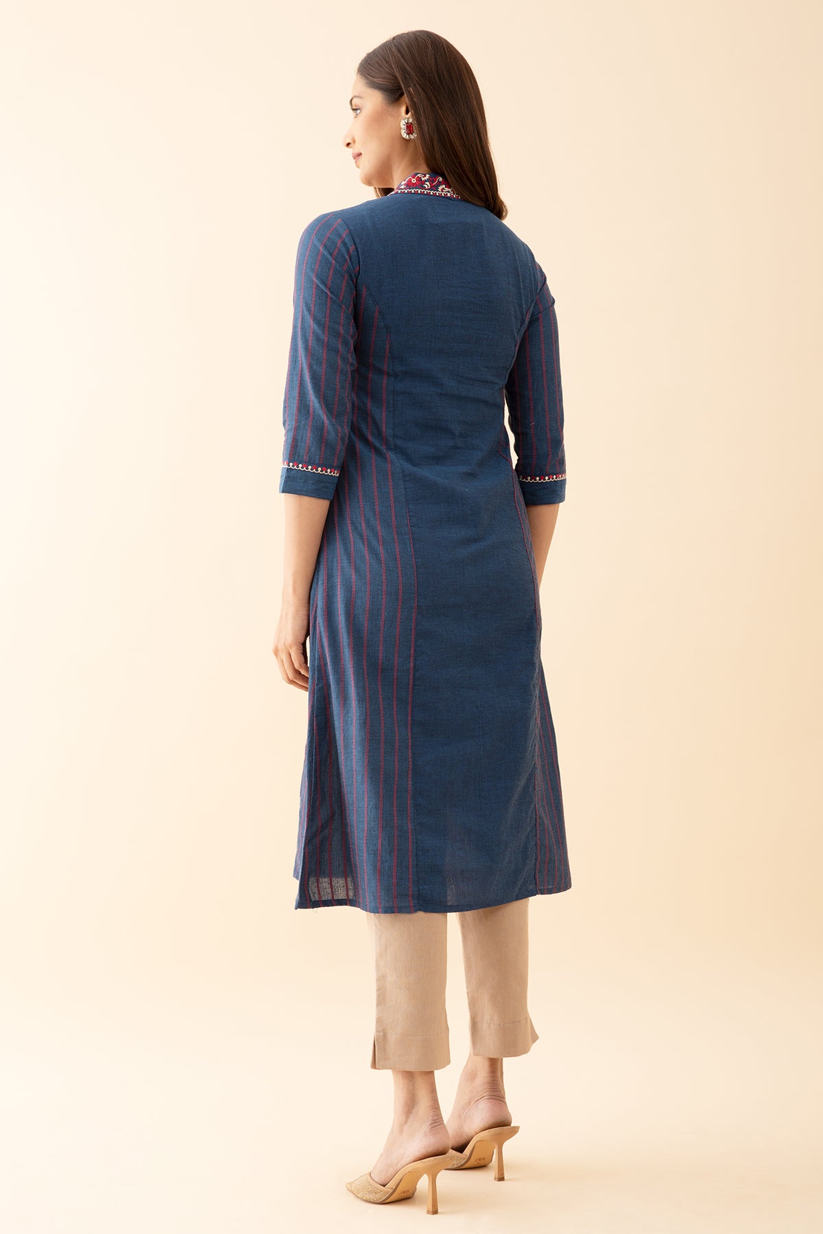 Panelled A-Line Kurta with Embroidered Neckline - Blue
