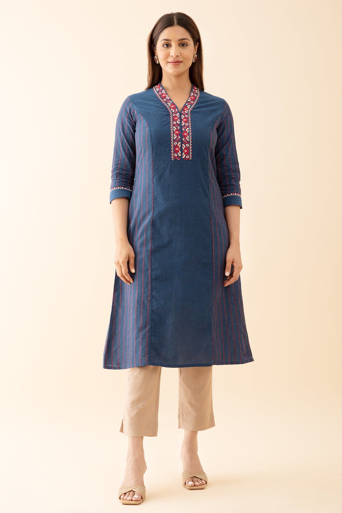 Panelled A Line Kurta with Embroidered Neckline Blue