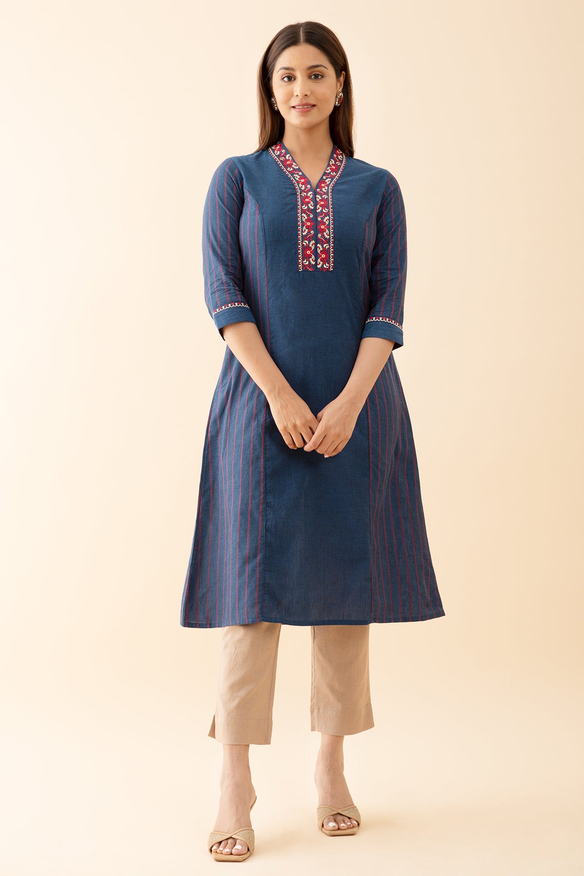 Panelled A Line Kurta with Embroidered Neckline Blue