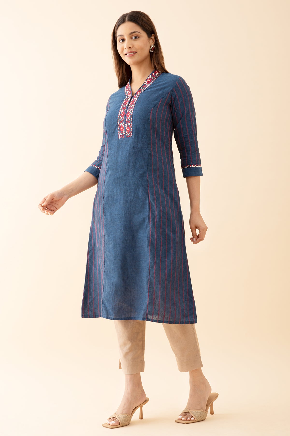 Panelled A-Line Kurta with Embroidered Neckline - Blue