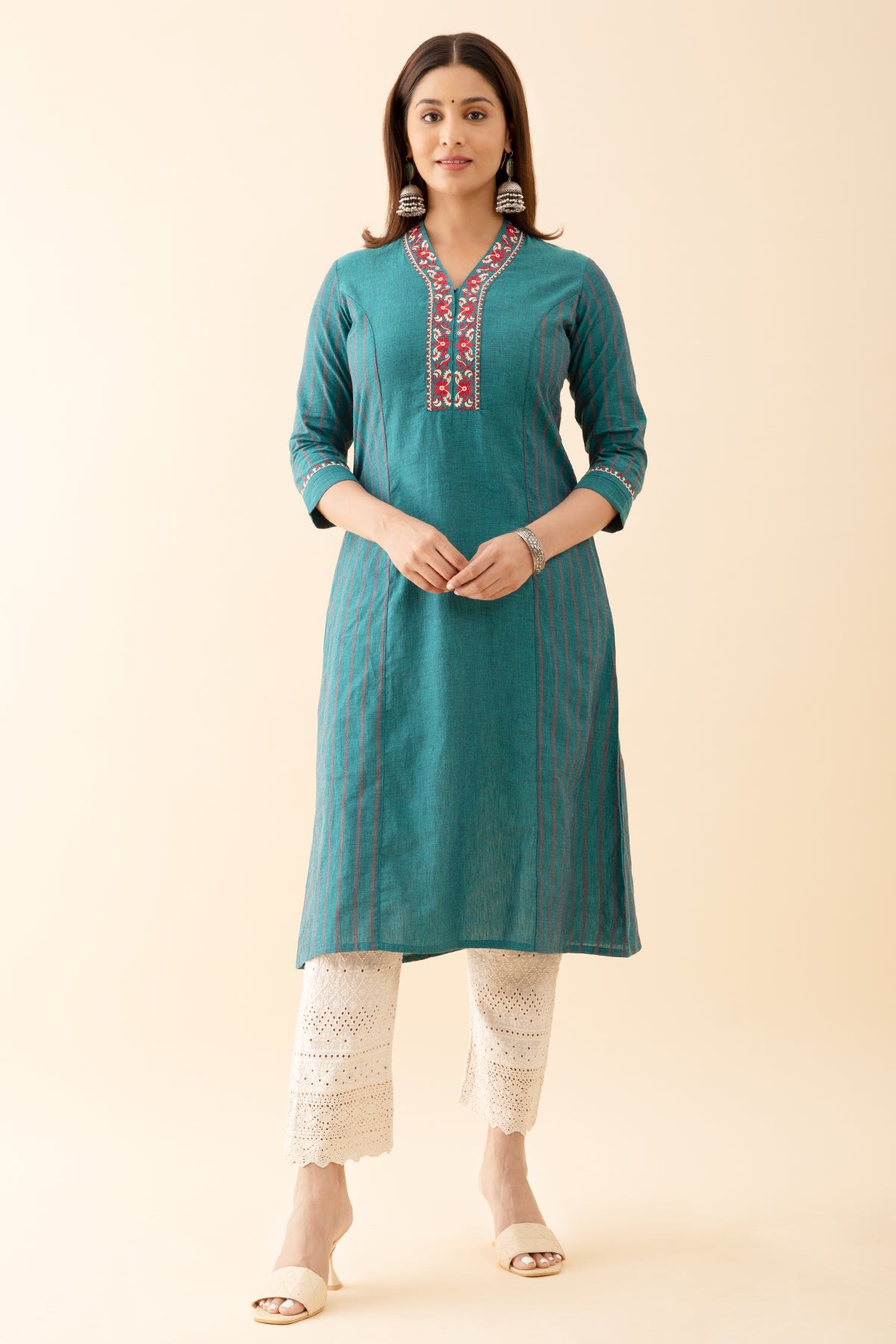 Panelled A Line Kurta with Embroidered Neckline Green