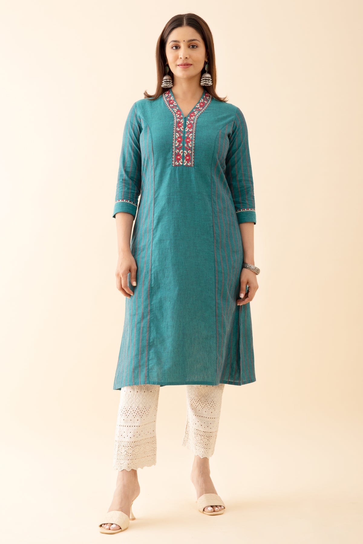 Panelled A Line Kurta with Embroidered Neckline Green