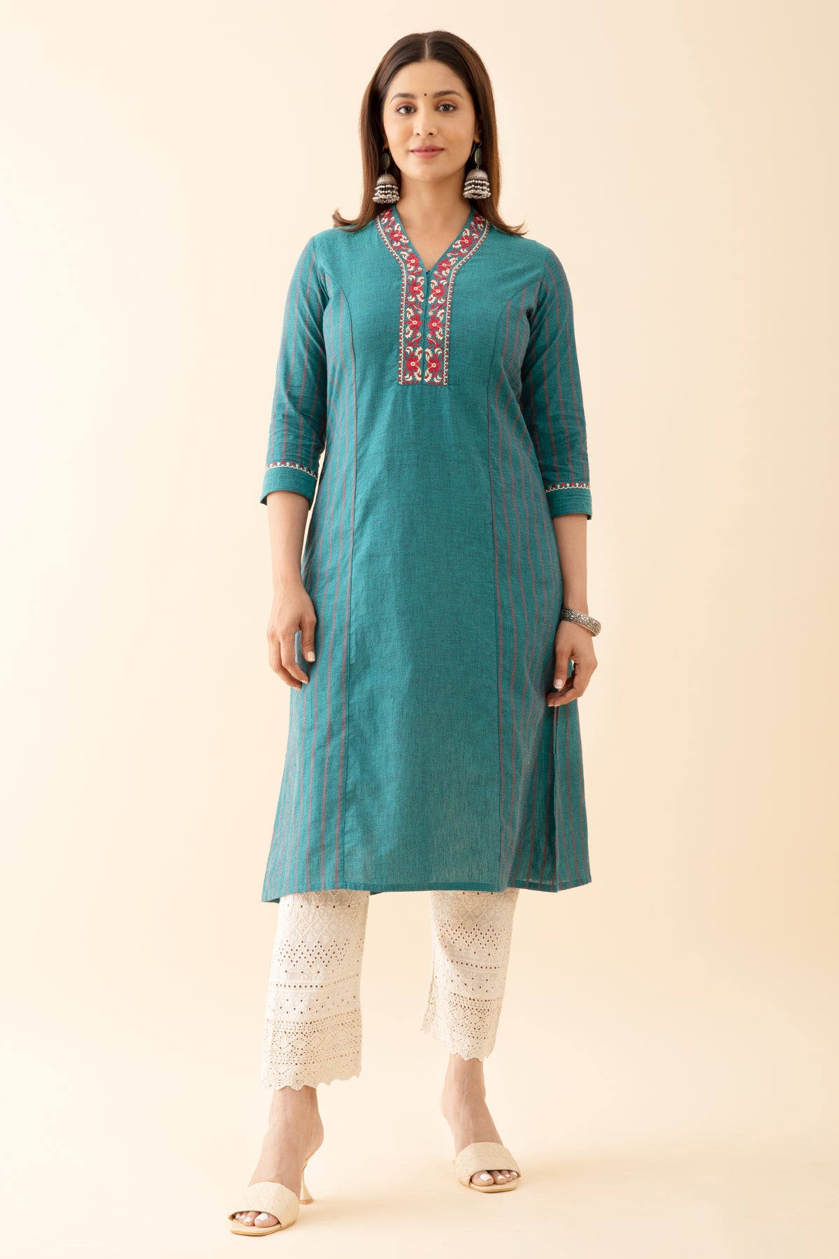 Panelled A-Line Kurta with Embroidered Neckline - Green